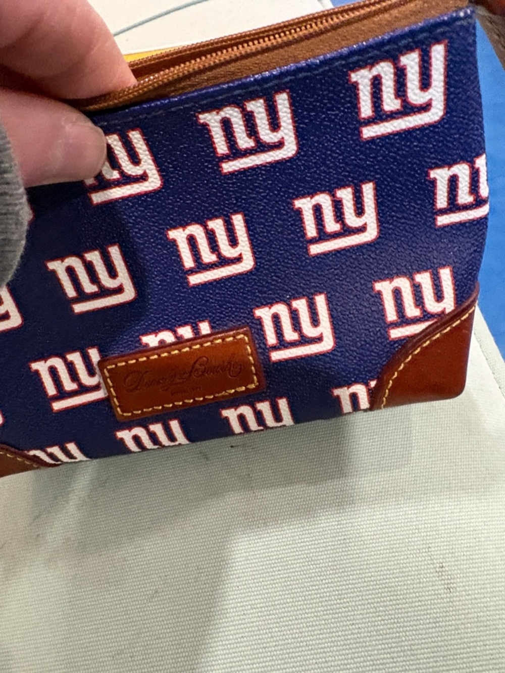 Dooney & Bourke Blue NY Logo Zip Pouch with Brown Leather Patch - Picture 5 of 7